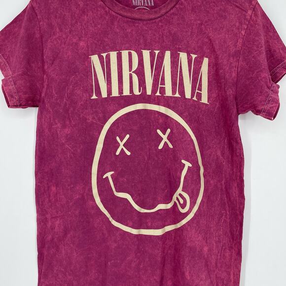 Officially Licensed Nirvana Nevermind Smiley Grunge Tee Magenta Acid Wash Small - Picture 3 of 7